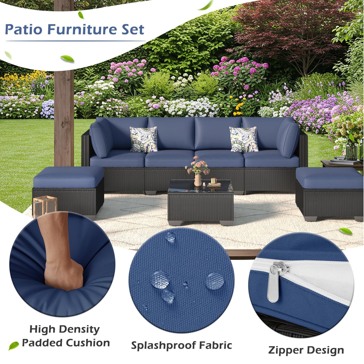 YODOLLA 7 Piece Outdoor Patio Furniture Set with Extra 43 Inch Fire Pit Table, Black Rattan & Navy Cushion