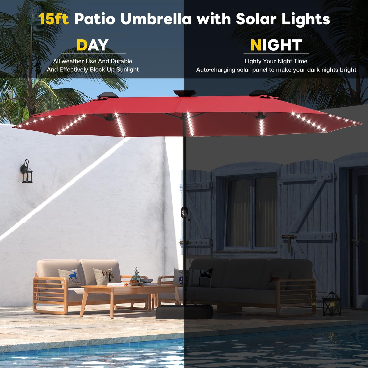 YODOLLA 15ft Double-Sided Patio Umbrella Outdoor Rectangle Umbrella with Base, Red