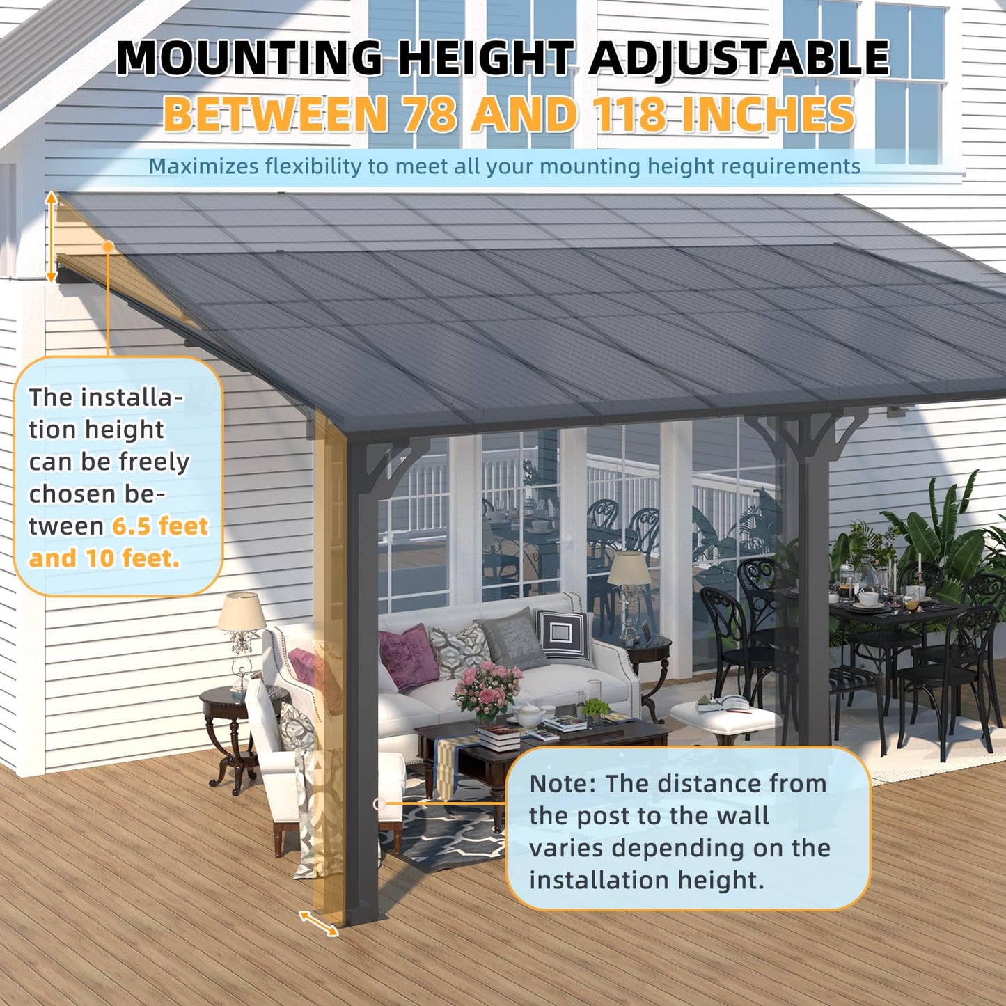 YODOLLA 16' x 10' Adjustable Height Outdoor Lean to Gazebo Pergola