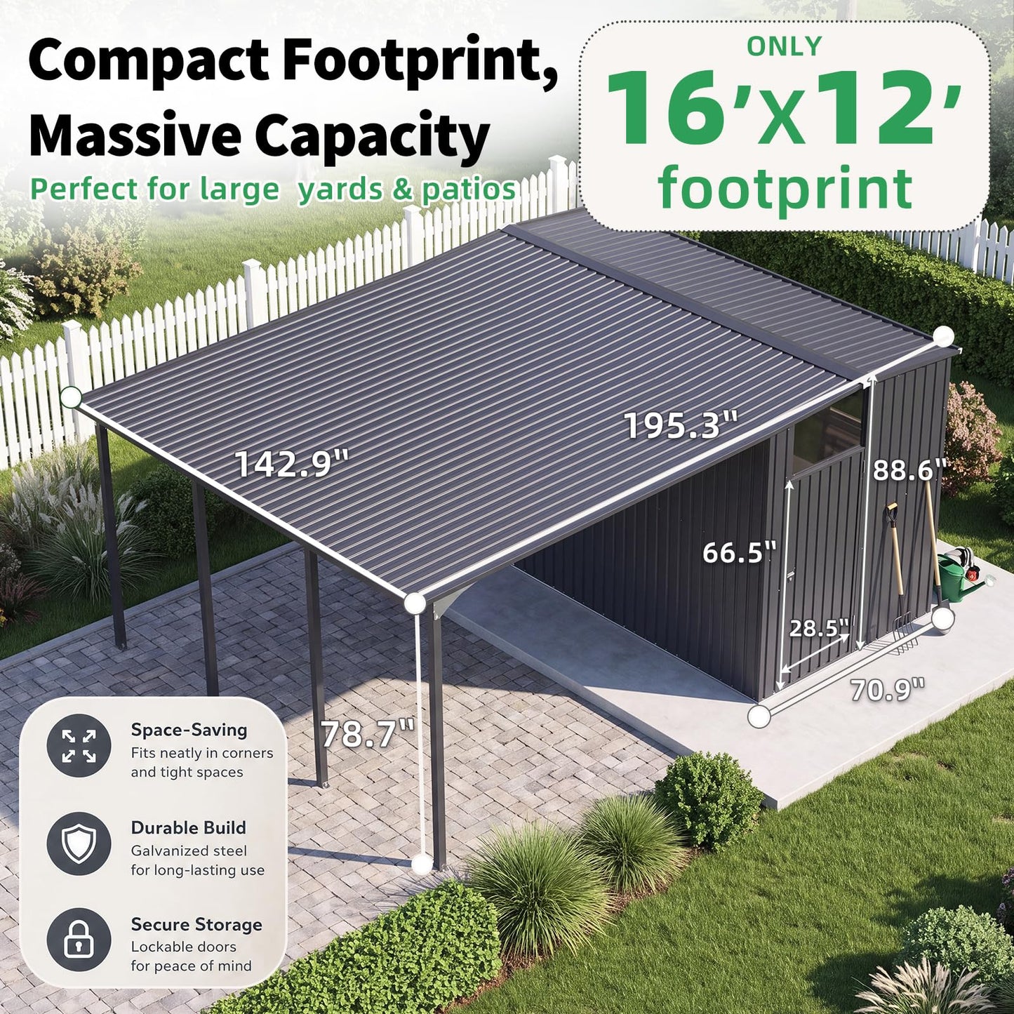 YODOLLA 12x16 Lean to Gazebo Metal Shed Combo, Hardtop Carport with Storage
