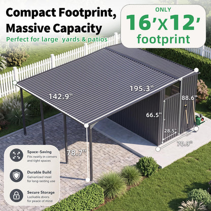 YODOLLA 12x16 Lean to Gazebo Metal Shed Combo, Hardtop Carport with Storage