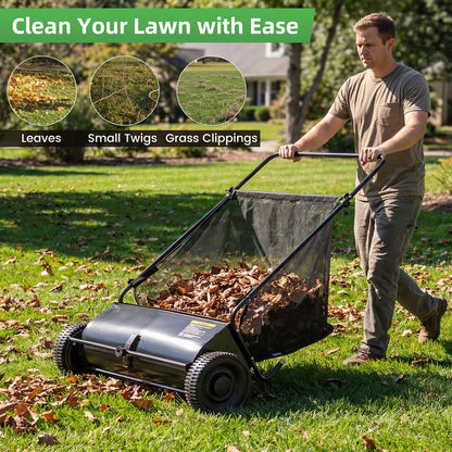 YODOLLA Push Lawn Sweeper, 26 Inch Leaf Collector 7 Cu. Ft. Hopper Capacity