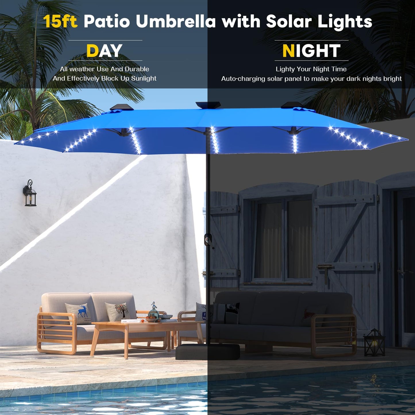 YODOLLA 15ft Double-Sided Patio Umbrella Outdoor Rectangle Umbrella with Base, Blue