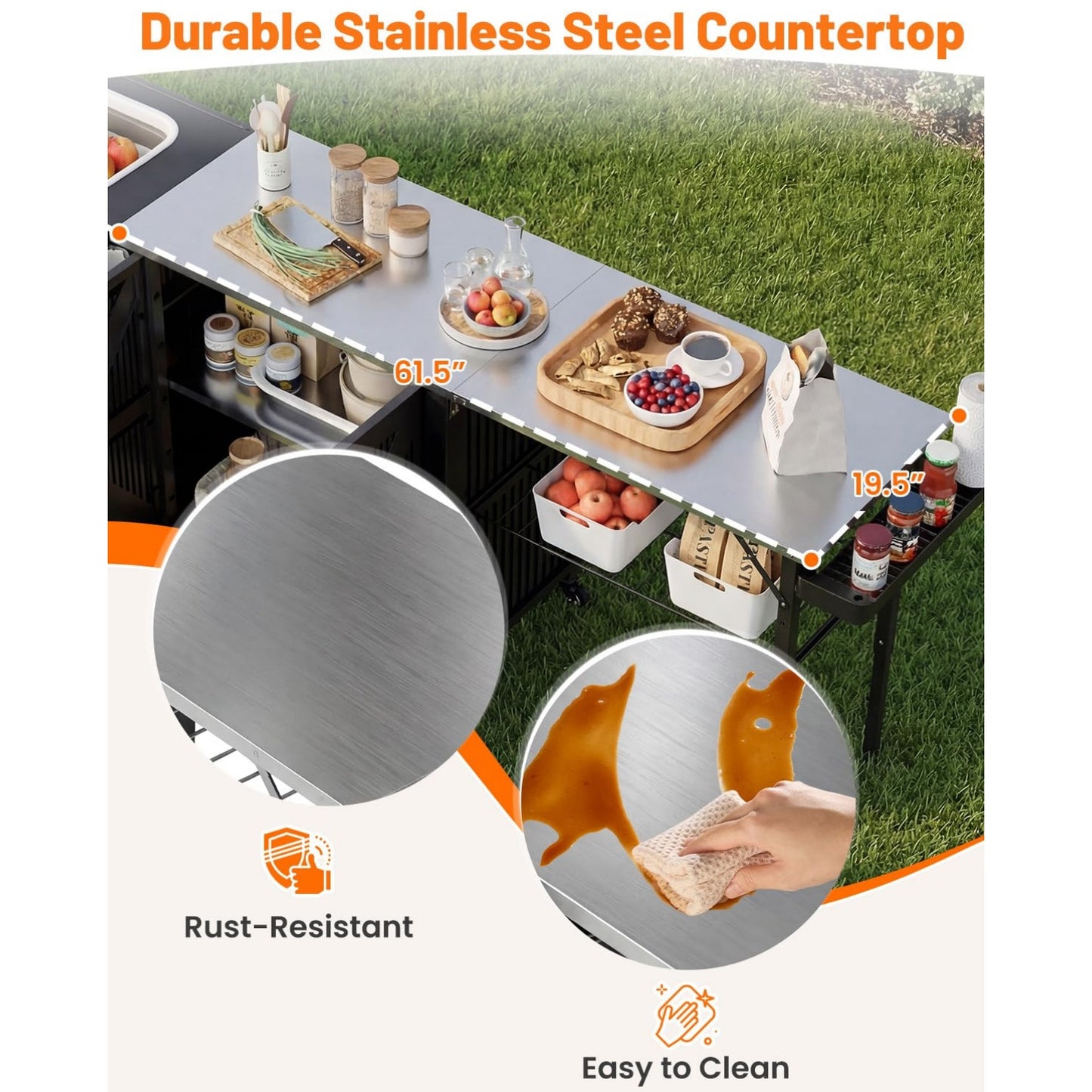 YODOLLA Outdoor Grill Cart Table with Sink, Portable Folding Kitchen Island with Storage Cabinet
