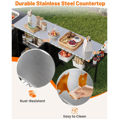 YODOLLA Outdoor Grill Cart Table with Sink, Portable Folding Kitchen Island with Storage Cabinet