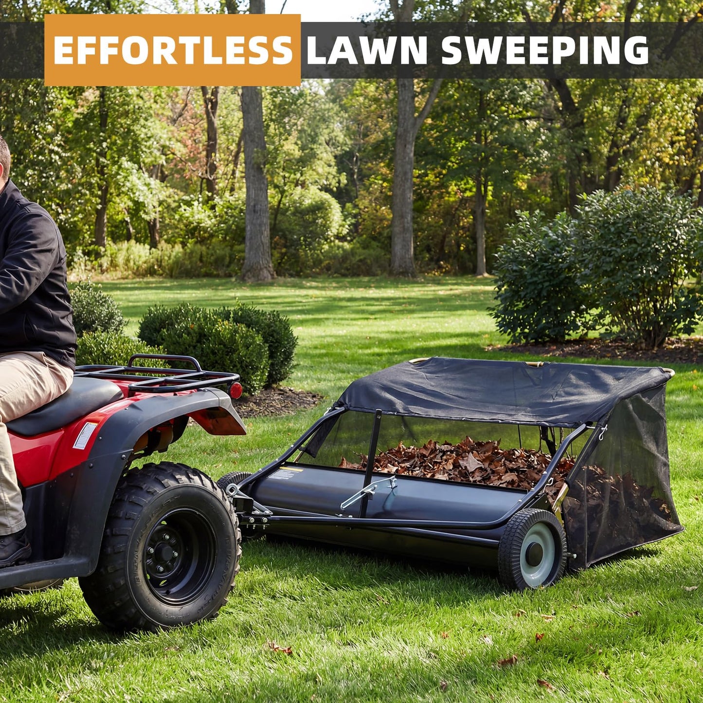 YODOLLA 48" Lawn Sweeper Tow Behind, Pull Behind Grass & Leaf Collector