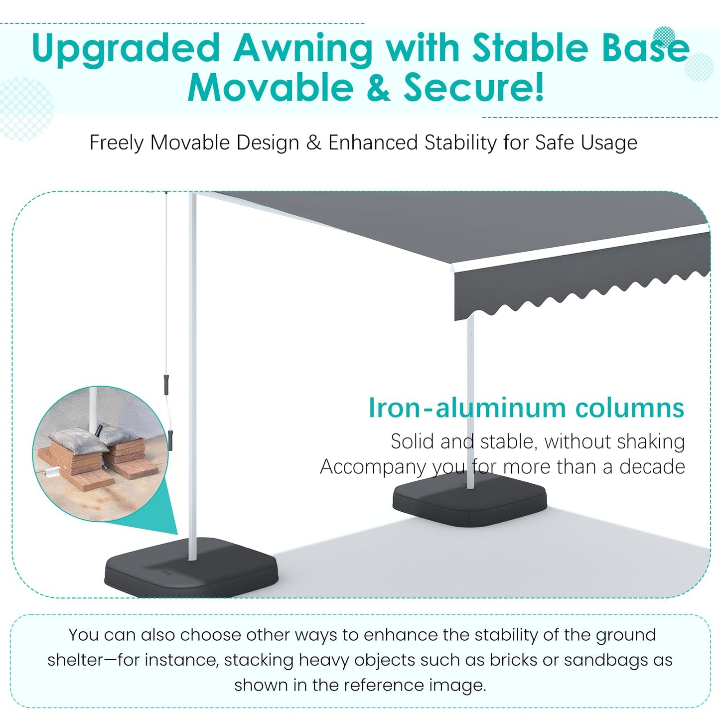 YODOLLA 13'x8' Awning Free Standing Retractable Awning with Weighted Base