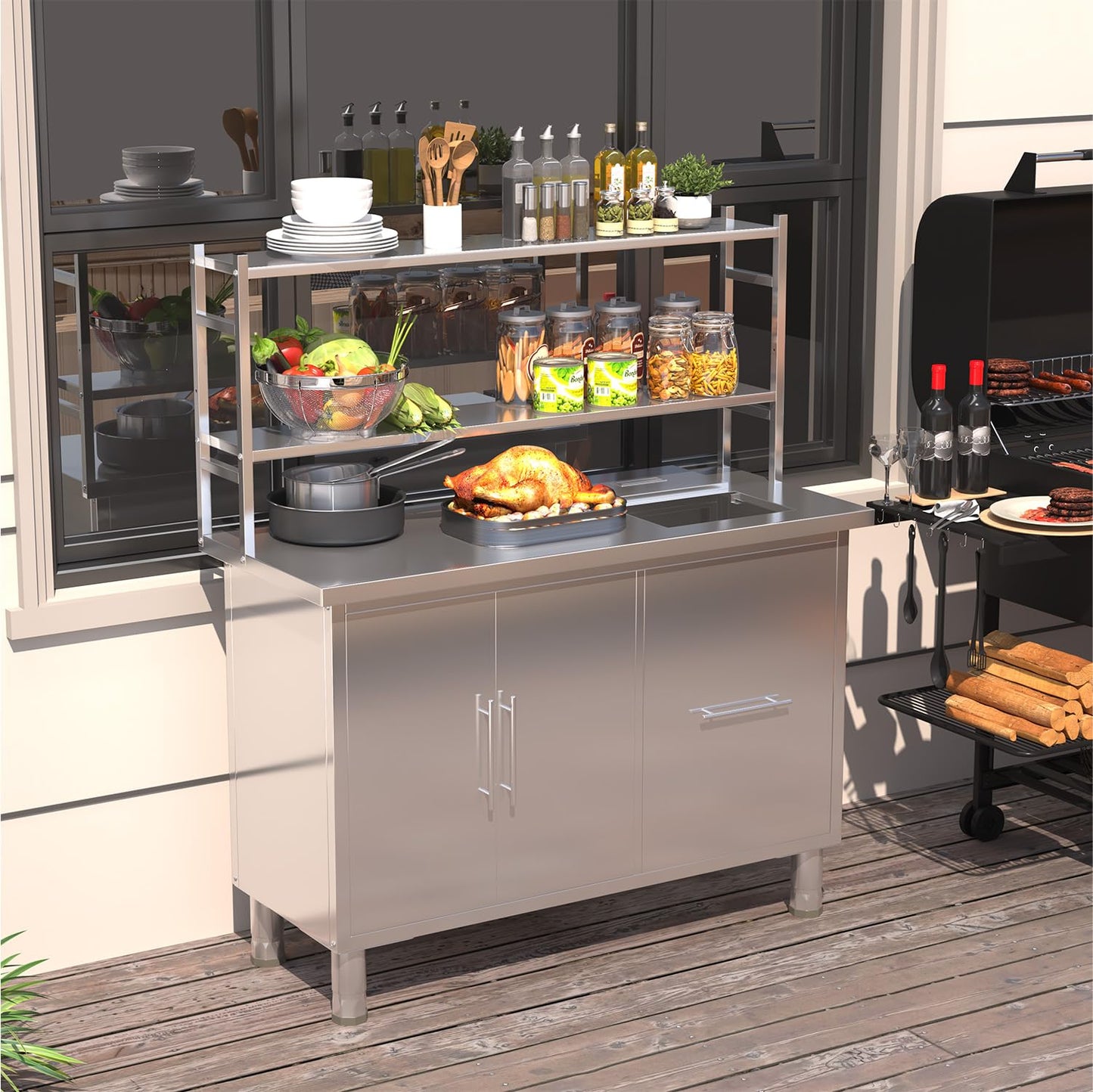 YODOLLA Stainless Steel Work Table with Trash Bin Cabinet 48"x20" Prep Table