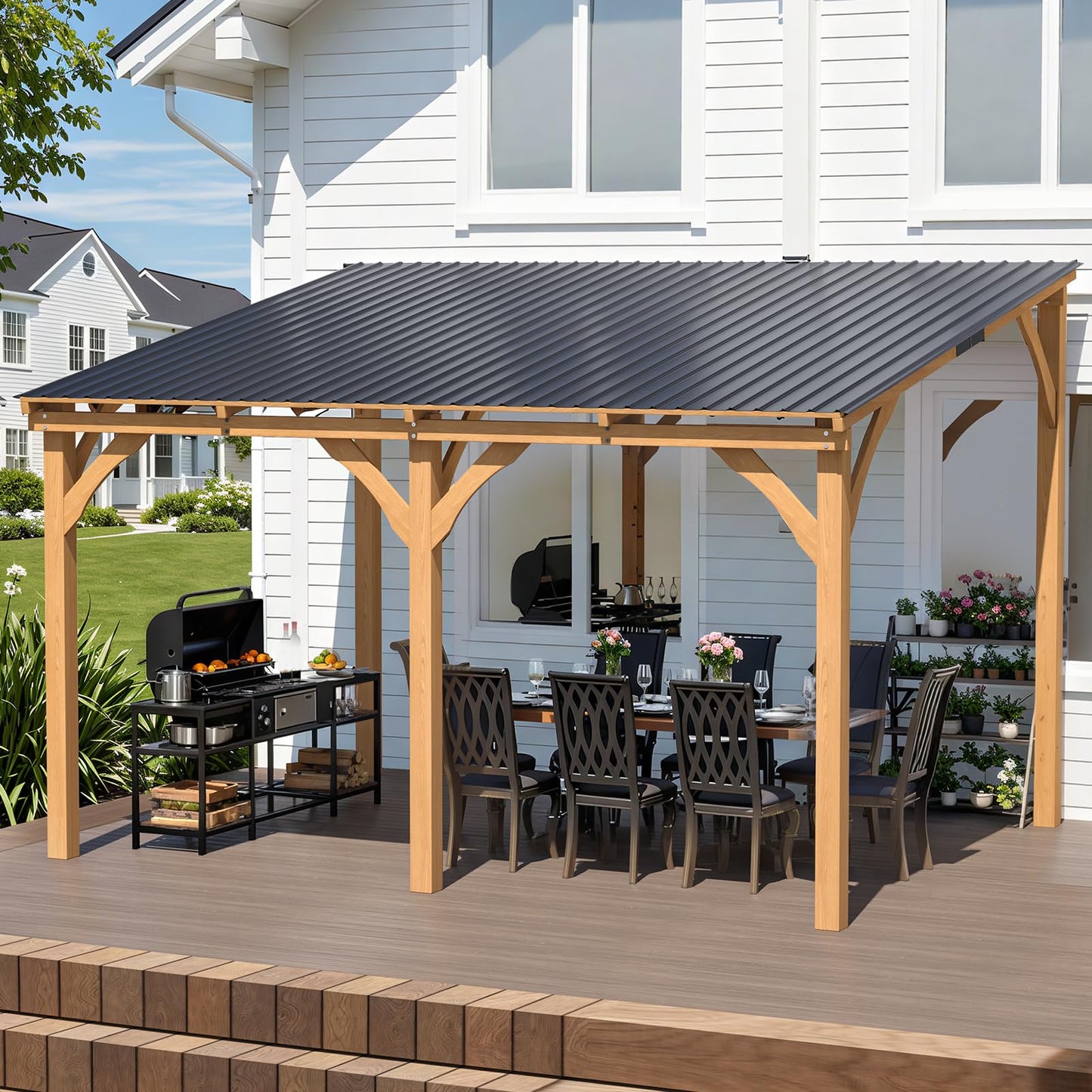 YODOLLA 12' x 10' Outdoor Wood Ceder Gazebo Lean to Hardtop Pergolas