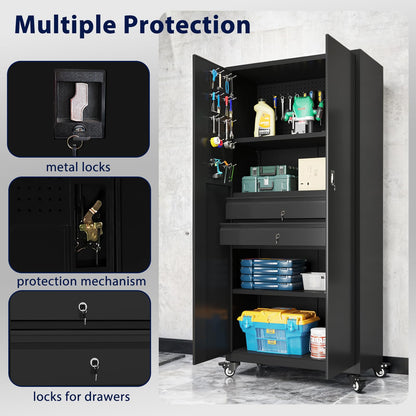 YODOLLA 71" Metal Garage Storage Cabinet with Drawers and Wheel