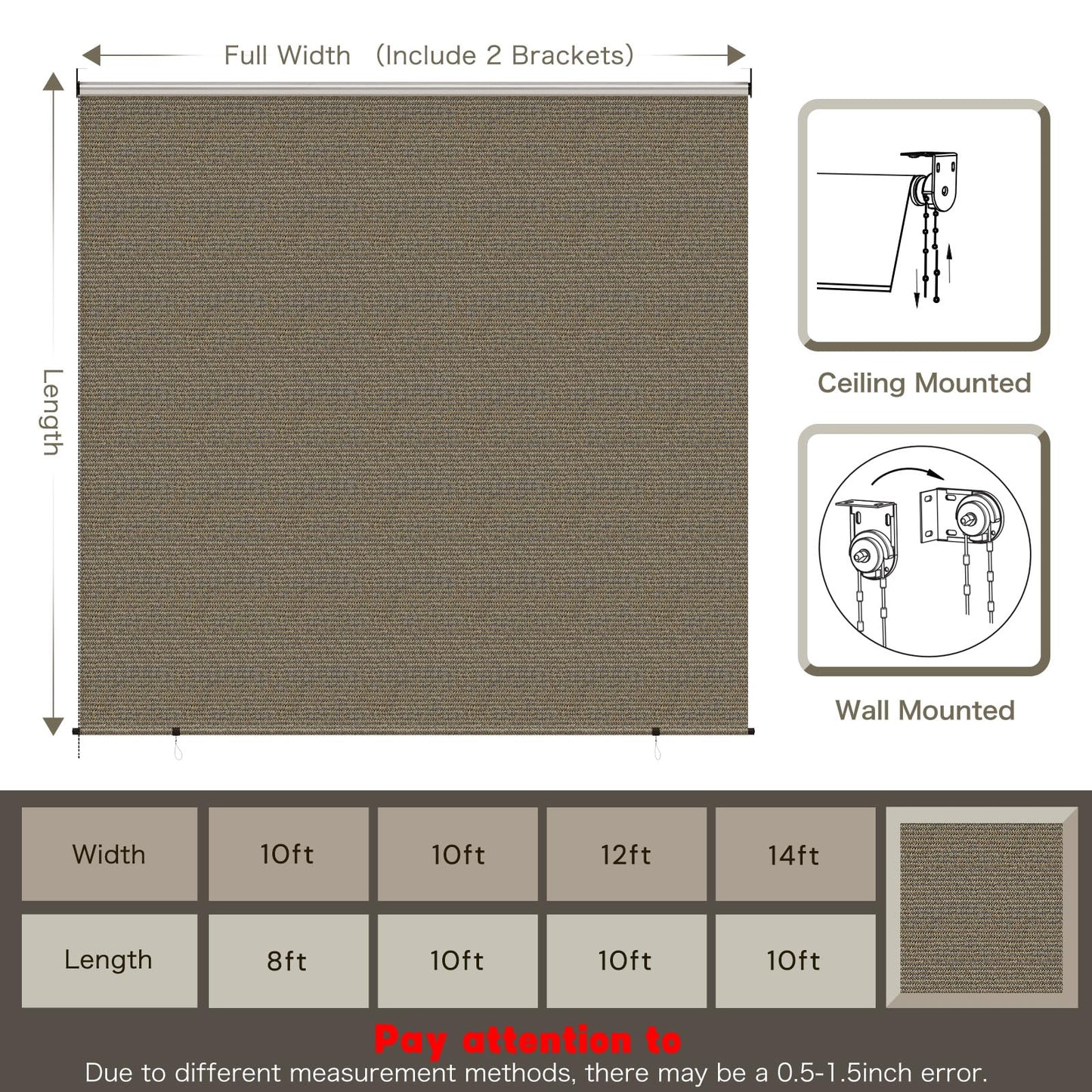 YODOLLA Mocha Outdoor Roller Shade, 220GSM HDPE Cordless Blinds, 99% UV Protection