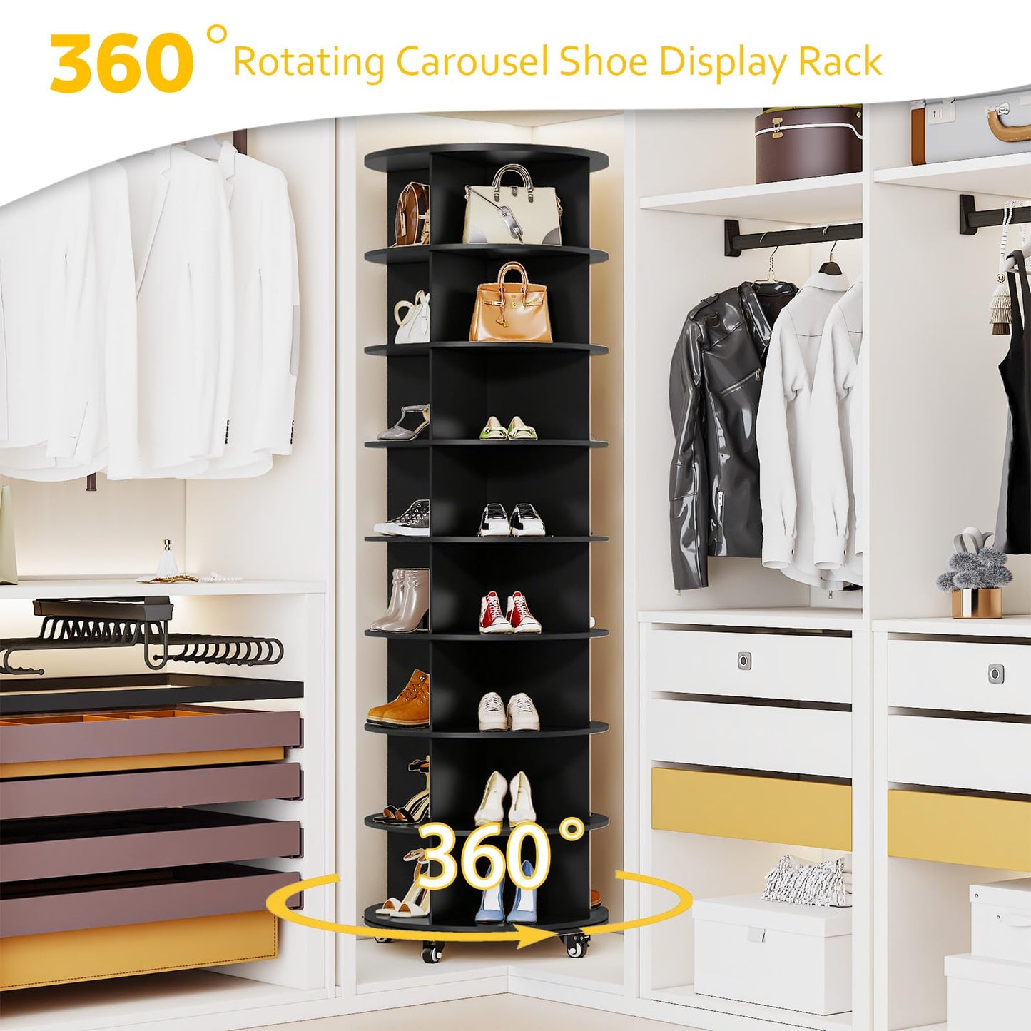 YODOLLA 8 Tier Rotating Shoe Rack Shoe Tower Organizer, Black