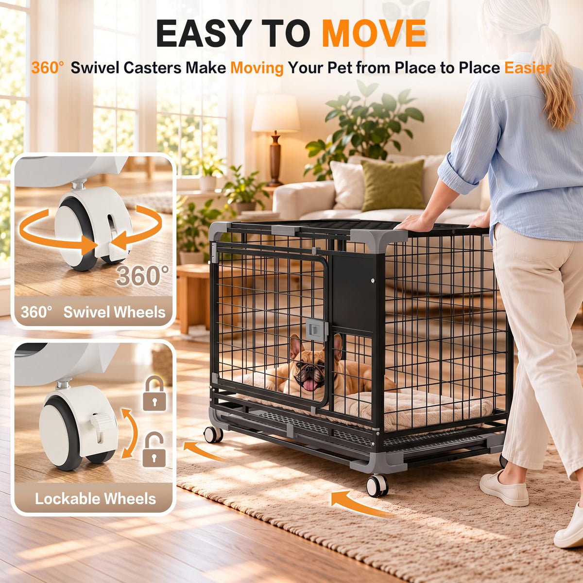 YODOLLA 30" Metal Wire Dog Crate for Small Dogs with Wheels, Black
