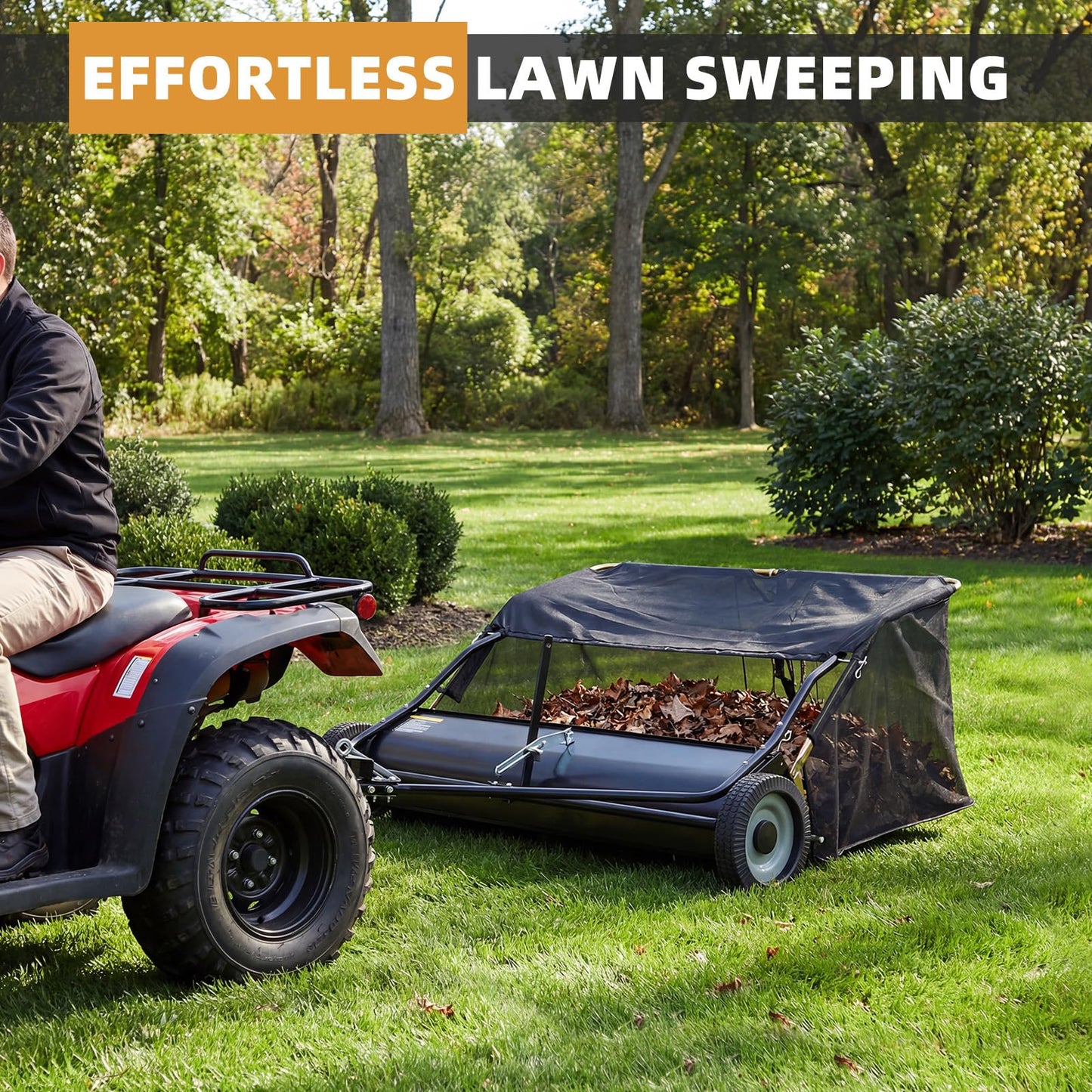 YODOLLA 42" Lawn Sweeper Tow Behind, Pull Behind Grass & Leaf Collector