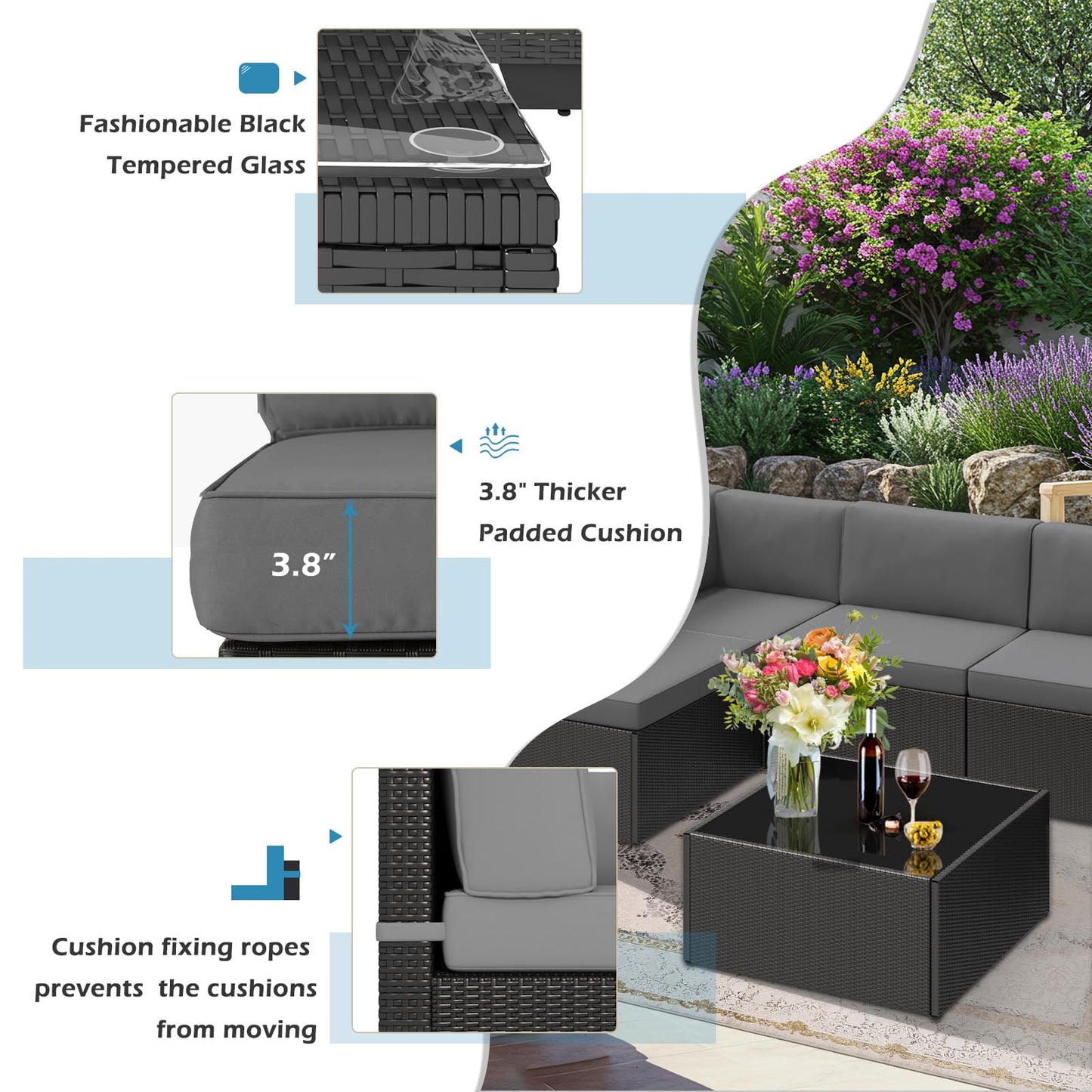 YODOLLA 7 Piece Outdoor Patio Furniture Set with 30 Inch Fire Pit Table, Black Rattan Dark Grey Cushion