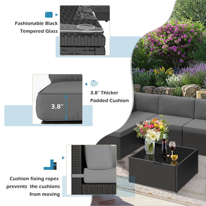 YODOLLA 7 Piece Outdoor Patio Furniture Set with 30 Inch Fire Pit Table, Black Rattan Dark Grey Cushion