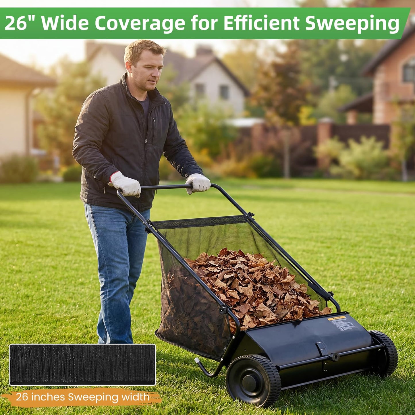 YODOLLA Push Lawn Sweeper, 26 Inch Leaf Collector 7 Cu. Ft. Hopper Capacity