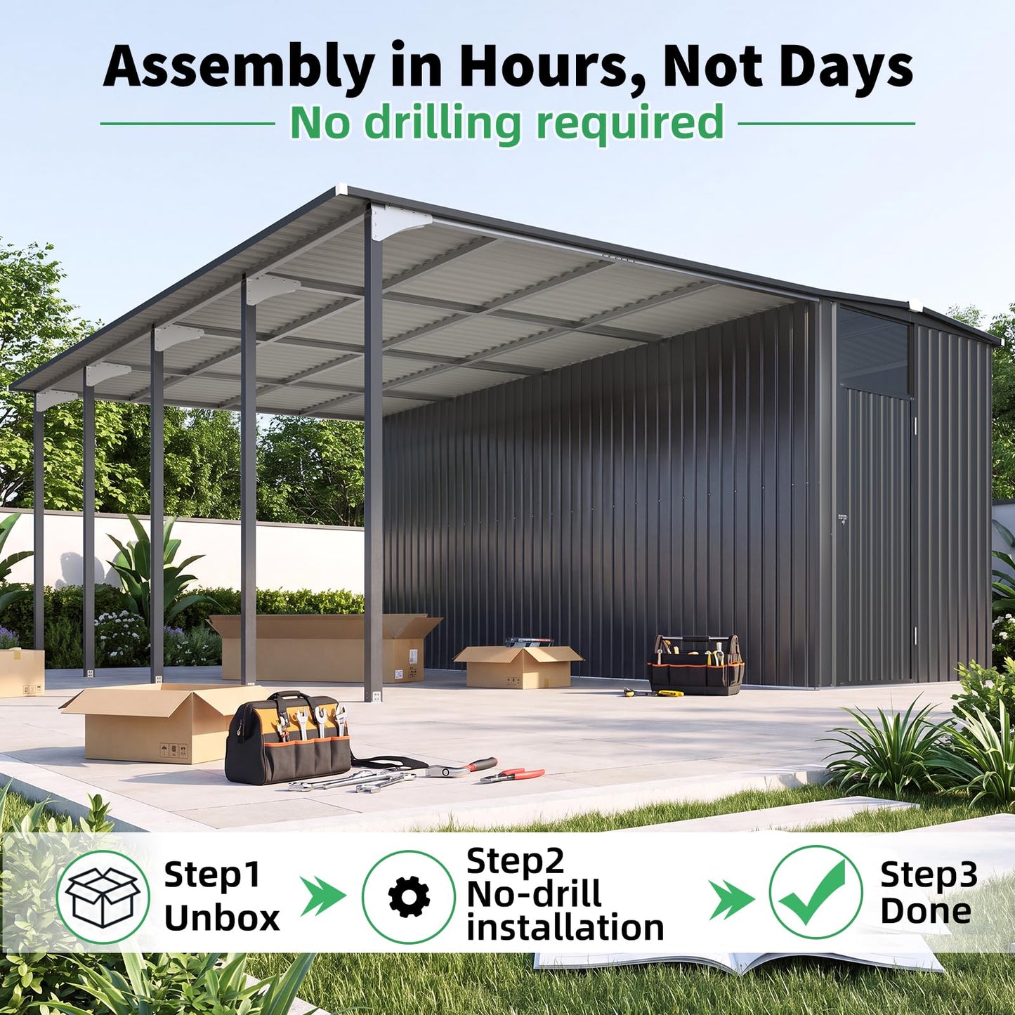 YODOLLA 16x16 Lean to Gazebo Metal Shed Combo, Hardtop Carport with Storage