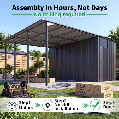 YODOLLA 12x16 Lean to Gazebo Metal Shed Combo, Hardtop Carport with Storage