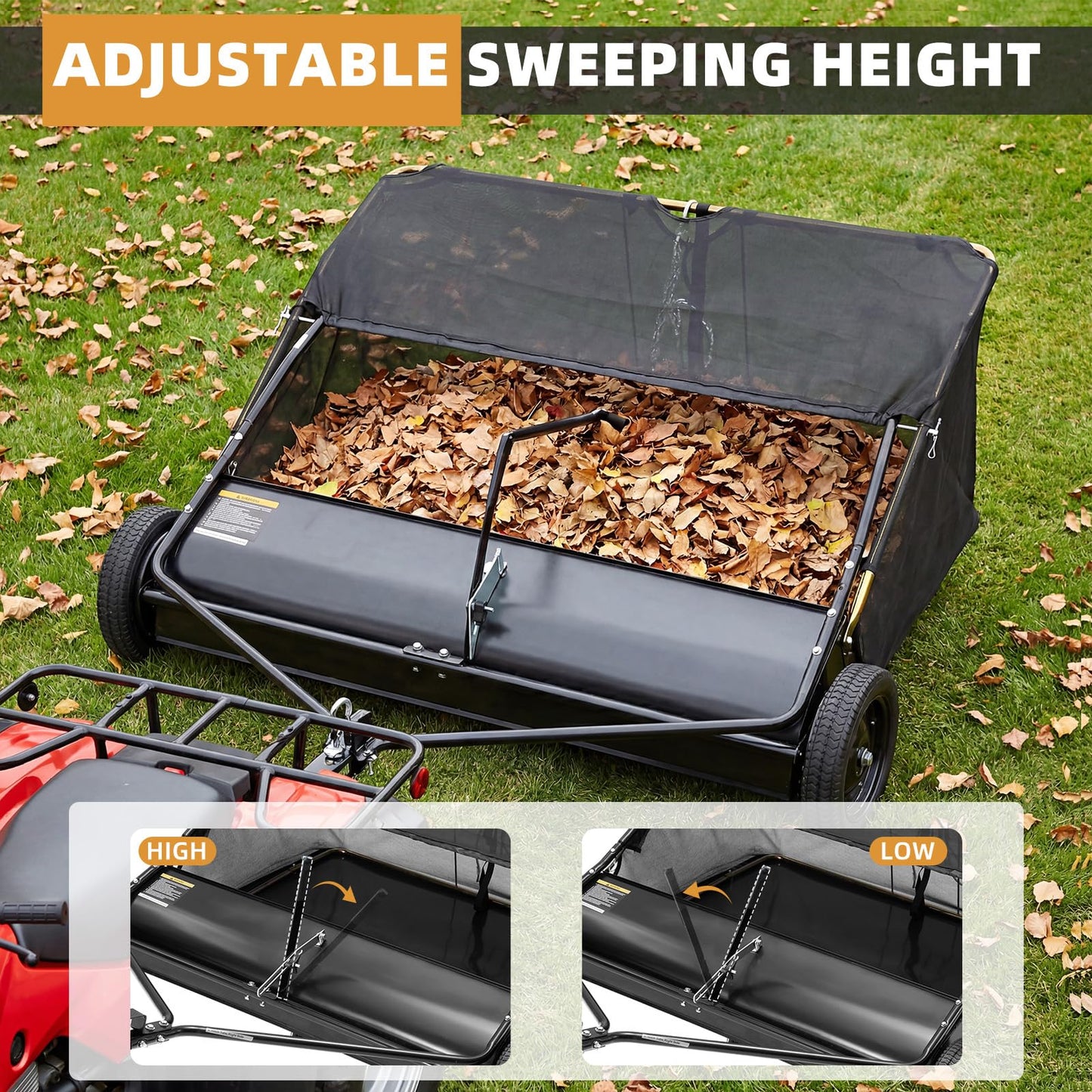 YODOLLA 48" Lawn Sweeper Tow Behind, Pull Behind Grass & Leaf Collector