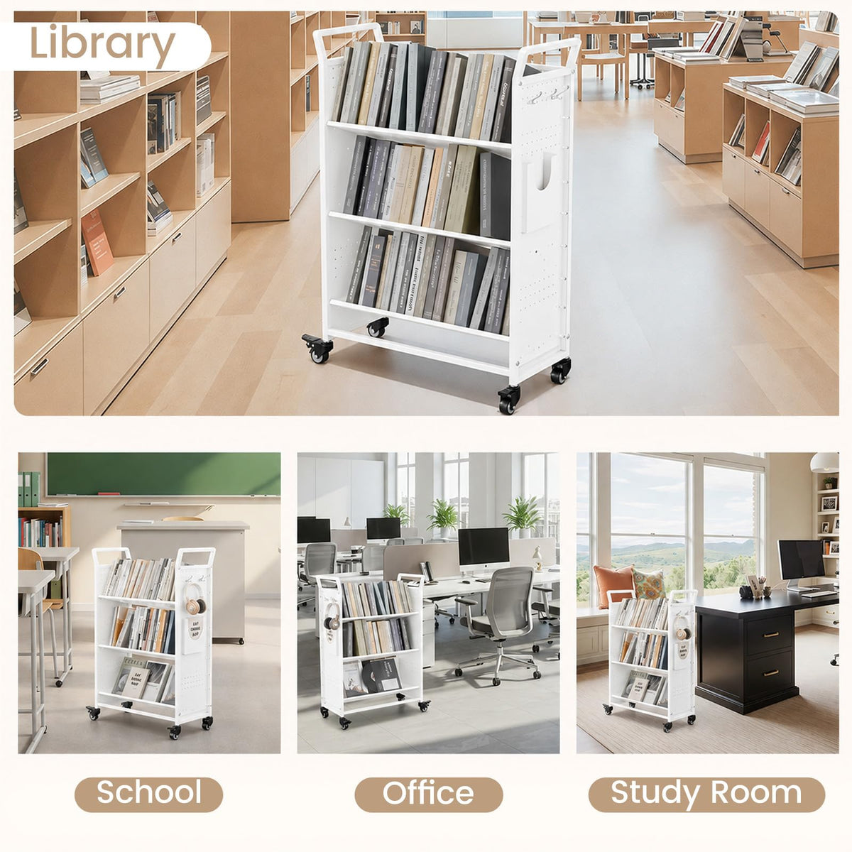 YODOLLA 2-in-1 Book Cart with Wheels Utility Cart 352LBS Library Truck Bookshelf