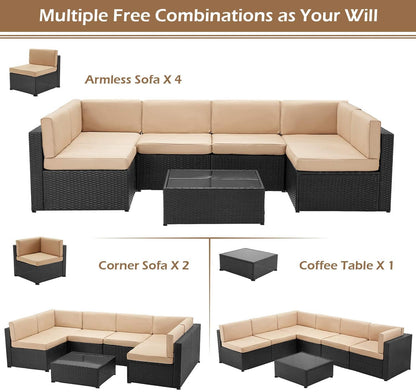 YODOLLA 7 Piece Outdoor Patio Furniture Set with 30 Inch Fire Pit Table, Black Rattan Beige Cushion