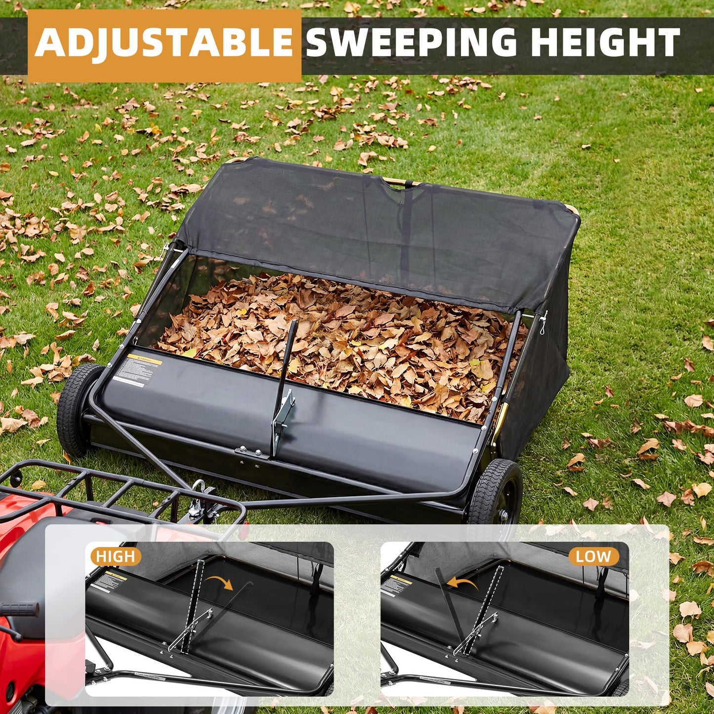 YODOLLA 42" Lawn Sweeper Tow Behind, Pull Behind Grass & Leaf Collector