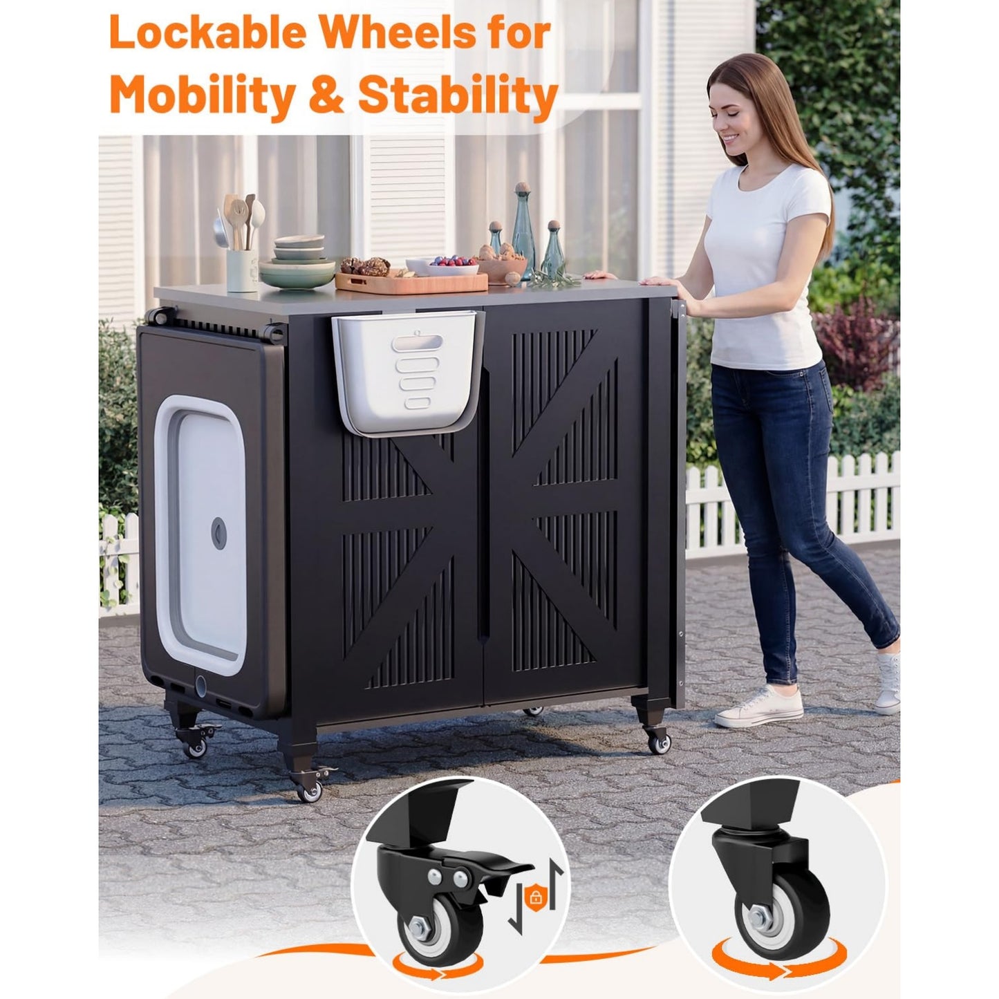 YODOLLA Outdoor Grill Cart Table with Sink, Portable Folding Kitchen Island with Storage Cabinet