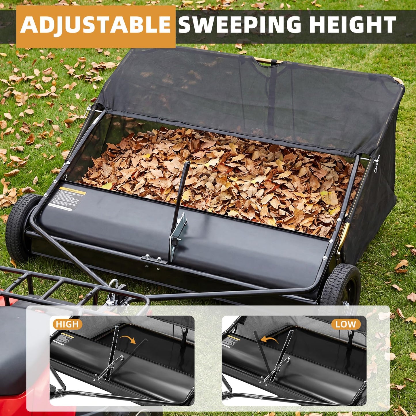 YODOLLA 52" Lawn Sweeper Tow Behind, Pull Behind Grass & Leaf Collector