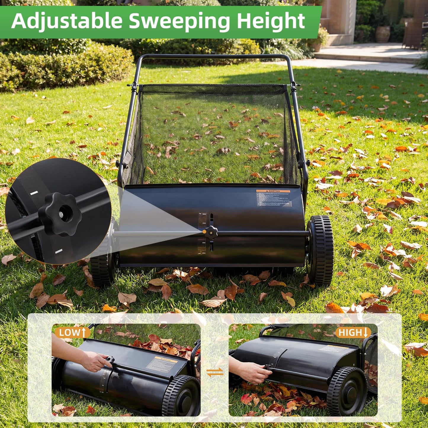 YODOLLA Push Lawn Sweeper, 26 Inch Leaf Collector 7 Cu. Ft. Hopper Capacity