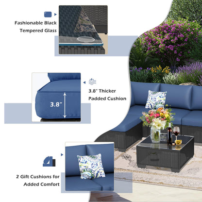 YODOLLA 7 Piece Outdoor Patio Furniture Set with Extra 43 Inch Fire Pit Table, Black Rattan & Navy Cushion