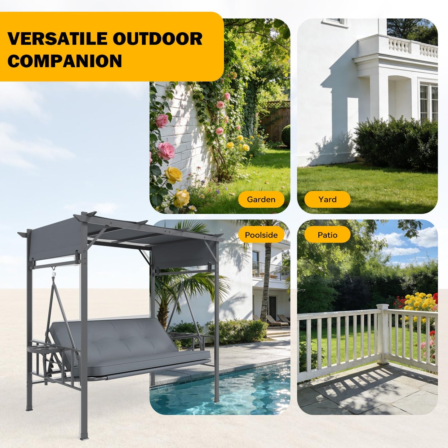 YODOLLA 2-in-1 Convertible Porch Swing Bed 3 Seat, Outdoor Patio Metal Pergola Swing