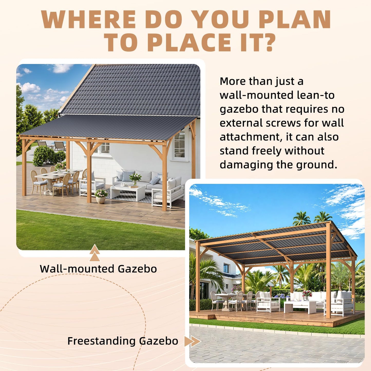 YODOLLA 16' x 10' Outdoor Wood Ceder Gazebo Lean to Hardtop Pergolas