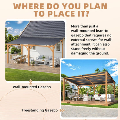 YODOLLA 16' x 10' Outdoor Wood Ceder Gazebo Lean to Hardtop Pergolas