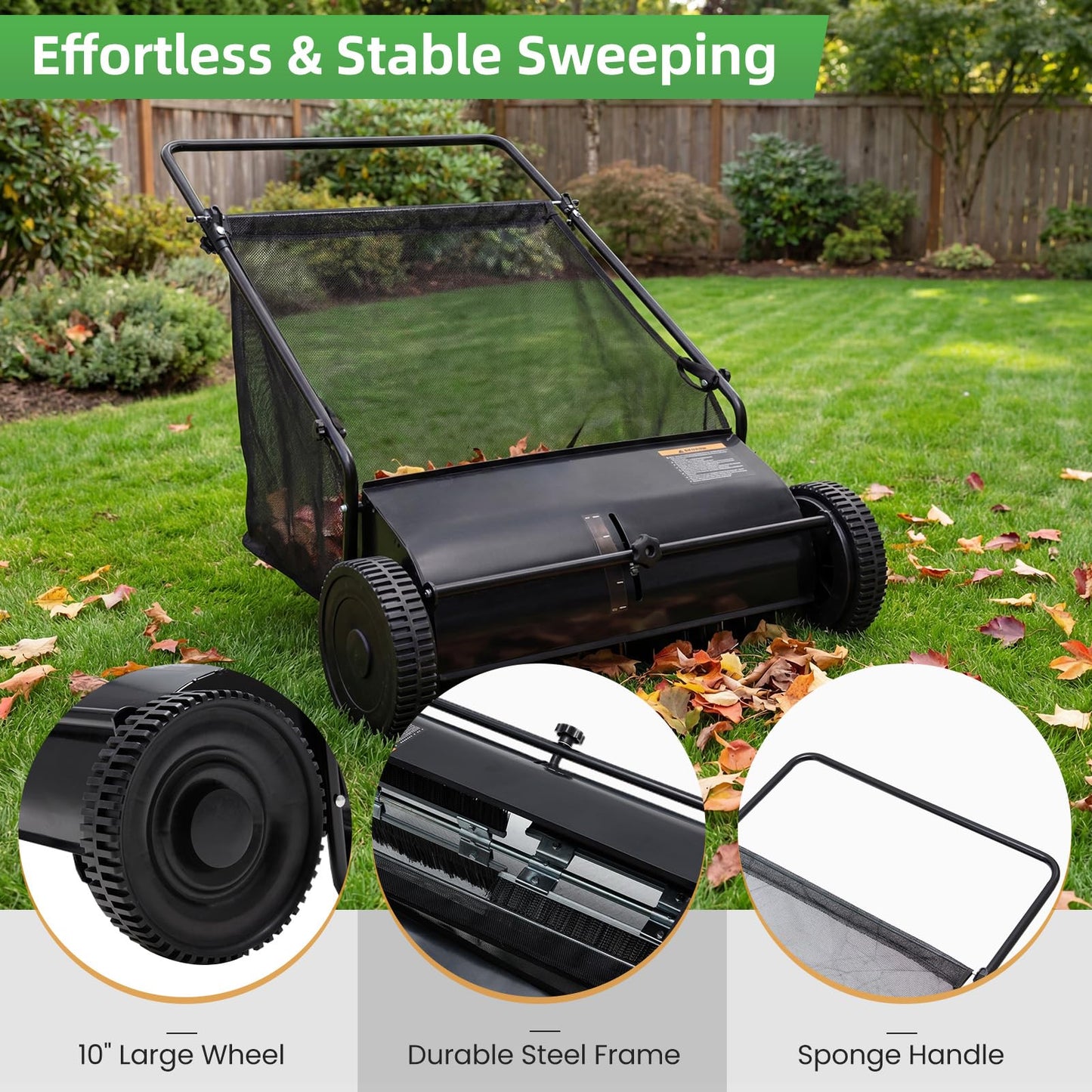 YODOLLA Push Lawn Sweeper, 26 Inch Leaf Collector 7 Cu. Ft. Hopper Capacity