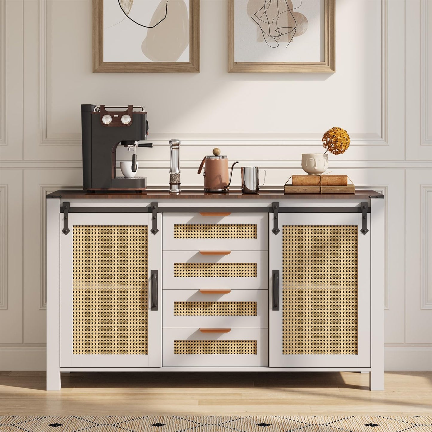 YODOLLA Farmhouse Sideboard Buffet Cabinet with Storage, Rattan Kitchen Cabinet w/Sliding Barn Doors & 4 Drawers