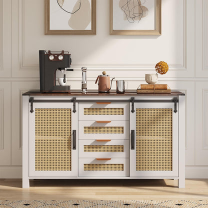 YODOLLA Farmhouse Sideboard Buffet Cabinet with Storage, Rattan Kitchen Cabinet w/Sliding Barn Doors & 4 Drawers