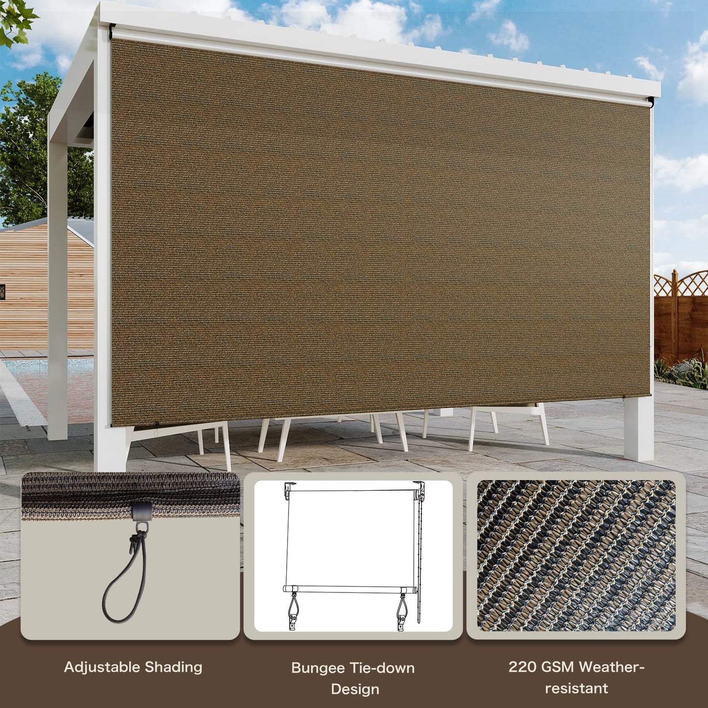 YODOLLA Mocha Outdoor Roller Shade, 220GSM HDPE Cordless Blinds, 99% UV Protection