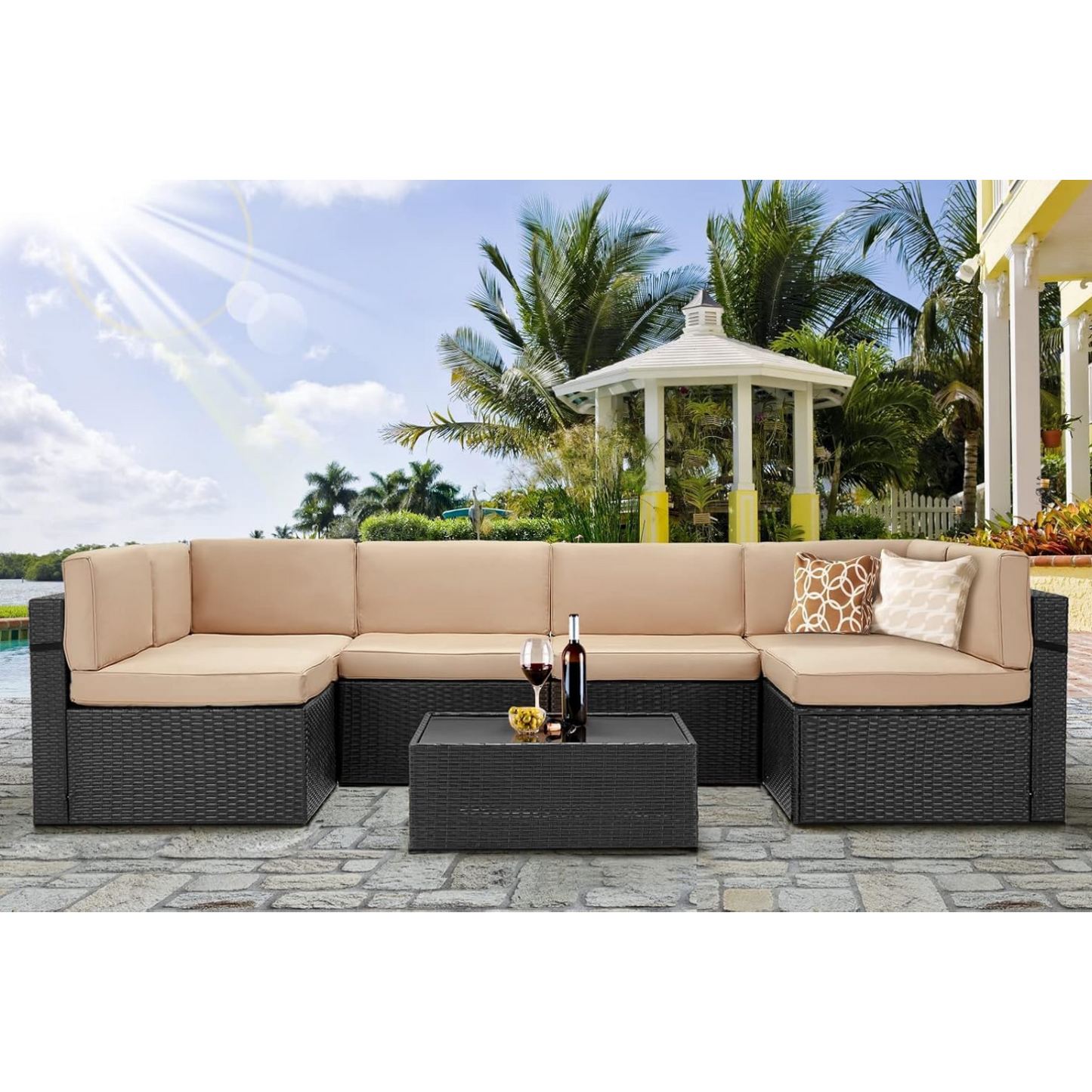 YODOLLA 7 Piece Outdoor Patio Furniture Set with Extra 43 Inch Fire Pit Table, Black Rattan & Beige Cushion