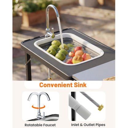 YODOLLA Outdoor Grill Cart Table with Sink, Portable Folding Kitchen Island with Storage Cabinet