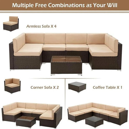 YODOLLA 7 Piece Outdoor Patio Furniture Set with Extra 43 Inch Fire Pit Table, Brown Rattan & Beige Cushion