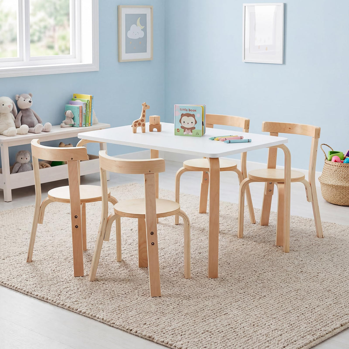 YODOLLA Kids Table and Chair Set, Wooden Toddler Table with 4 Chairs
