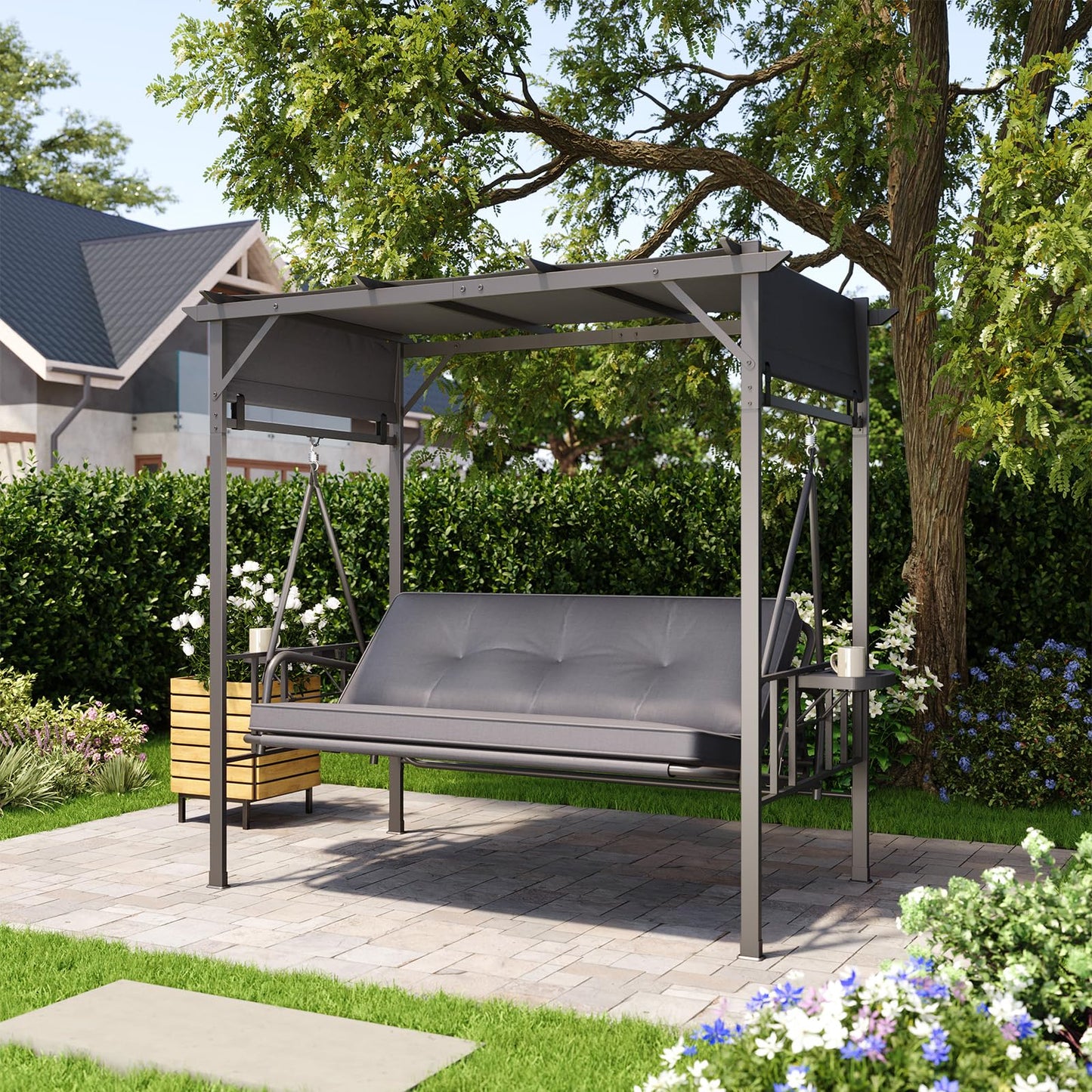 YODOLLA 2-in-1 Convertible Porch Swing Bed 3 Seat, Outdoor Patio Metal Pergola Swing