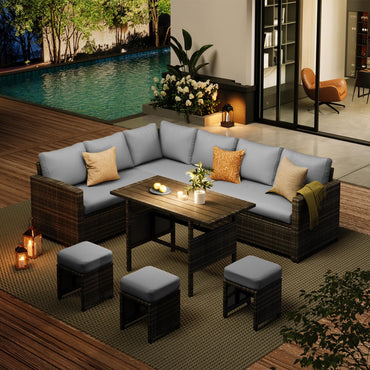 YODOLLA 7-Pc Patio Set, Grey Rattan & Grey Cushion