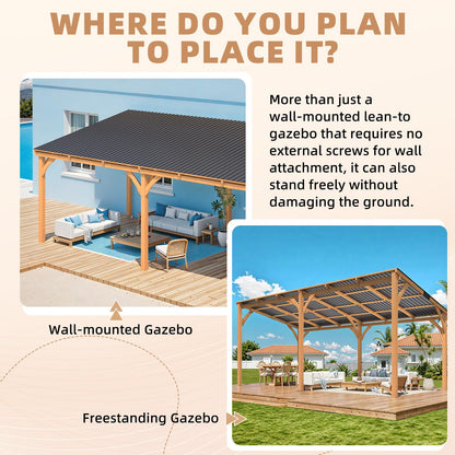 YODOLLA 20' x 10' Outdoor Wood Ceder Gazebo Lean to Hardtop Pergolas