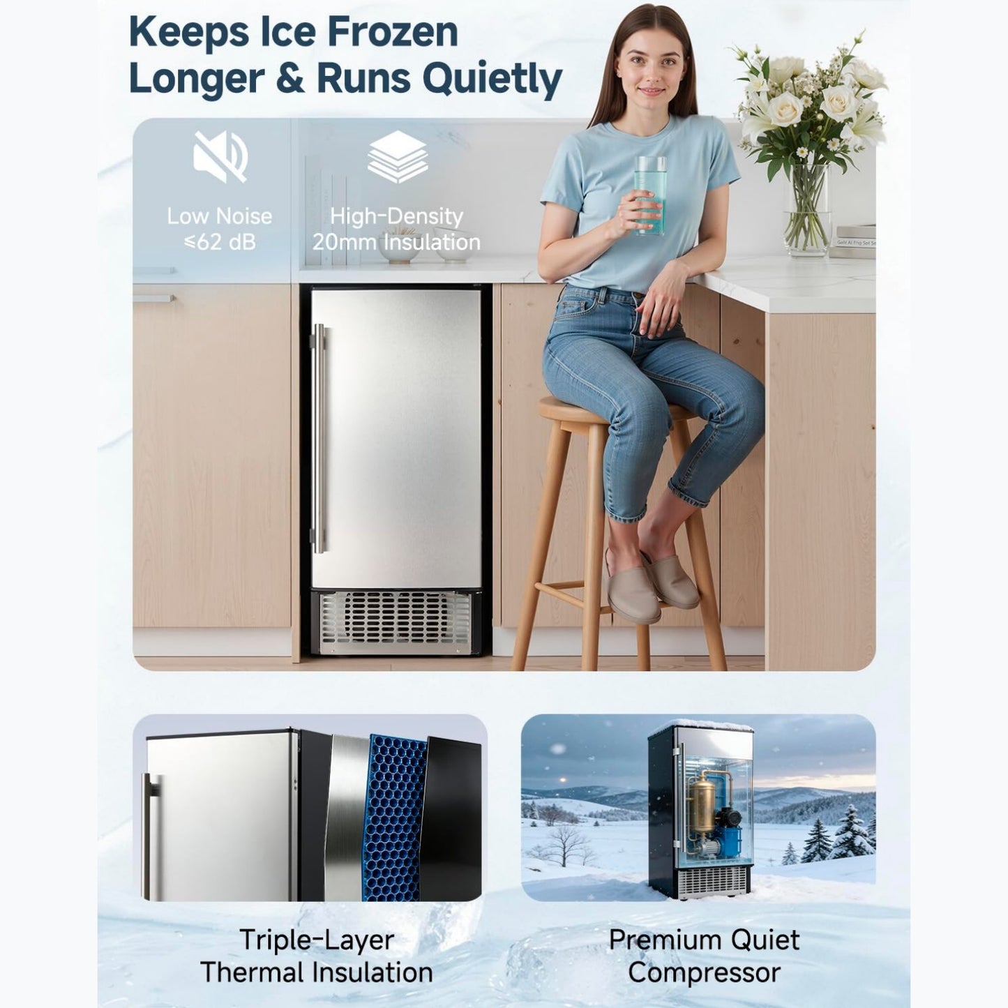 YODOLLA 15''W Commercial Ice Maker 100 lbs/24H, Stainless Steel Under Counter Ice Machine