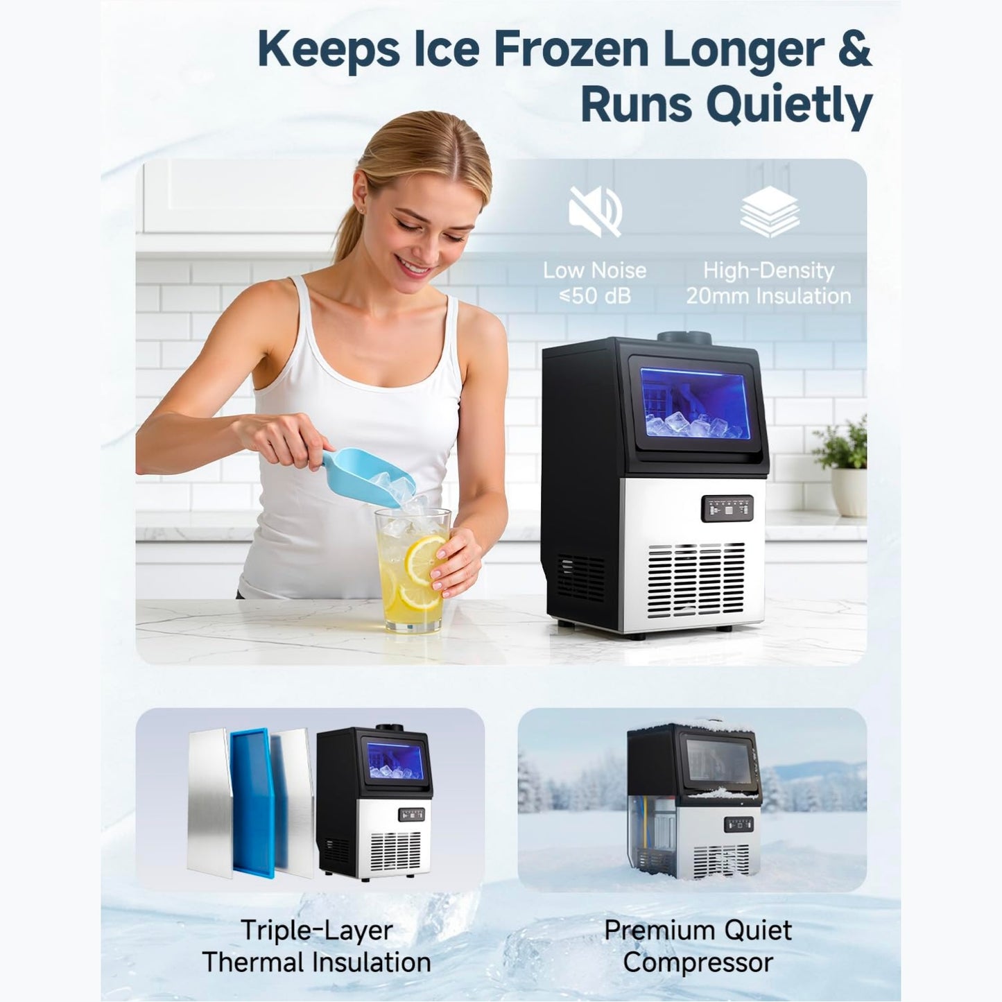 YODOLLA Commercial Ice Maker 90 lbs/24H, Stainless Steel Under Counter Ice Machine