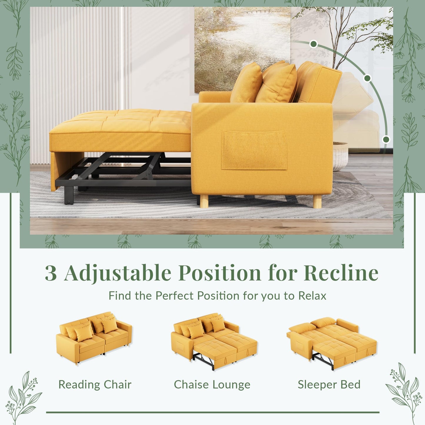 YODOLLA Comfortable 3-1 Convertible Sofa Bed,Yellow