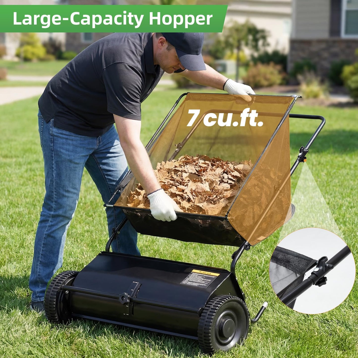 YODOLLA Push Lawn Sweeper, 26 Inch Leaf Collector 7 Cu. Ft. Hopper Capacity