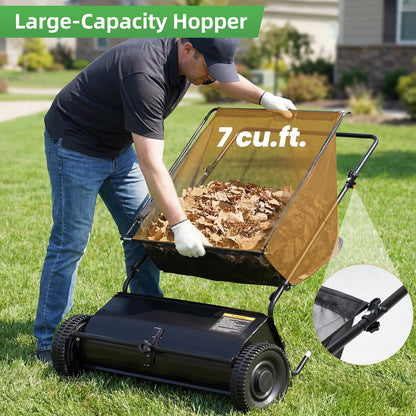 YODOLLA Push Lawn Sweeper, 26 Inch Leaf Collector 7 Cu. Ft. Hopper Capacity